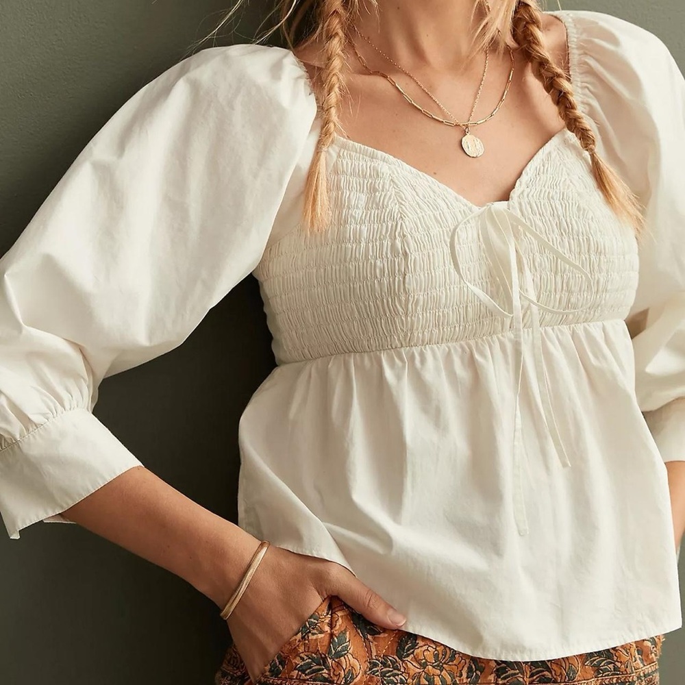 Anthropologie Boho Cottagecore Coastal Smocked Sweetheart Blouse Sz M
